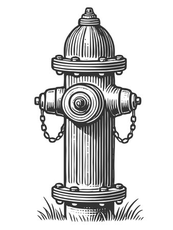 fire hydrant, featuring chns, bolts, and vertical ribbing in a stylized design sketch engraving vector illustration. Scratch board imitation. Black and white image.のイラスト素材