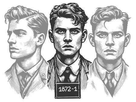 prisoner in striped uniform posing for a vintage mugshot, both front and profile views agnst a lineup background sketch engraving raster illustration. Scratch board. Black and whiteの写真素材