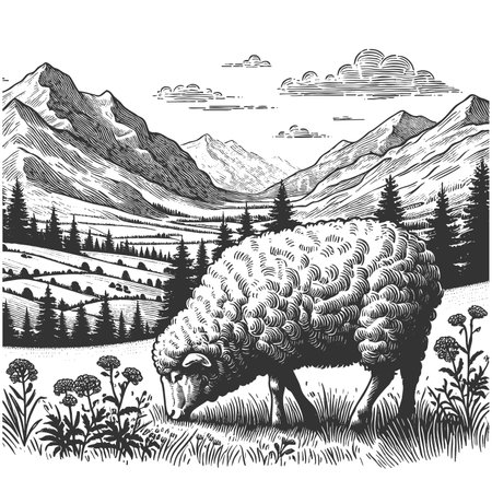 sheep grazing in an alpine meadow, with mountns, a farmhouse, and other sheep in the background, drawn in an engraved style sketch engraving raster. Scratch board. Black and white.の写真素材