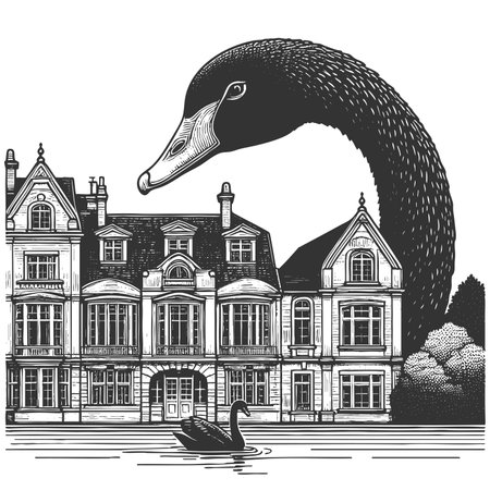 giant black swan looming over a European-style cityscape, symbolizing rare and disruptive events sketch engraving raster illustration. Scratch board imitation. Black and white image.の写真素材