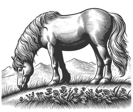 horse peacefully grazing in scenic alpine meadow mountn landscape, wildflowers and pine trees in etching style sketch engraving vector illustration. Scratch board. Black and white.のイラスト素材