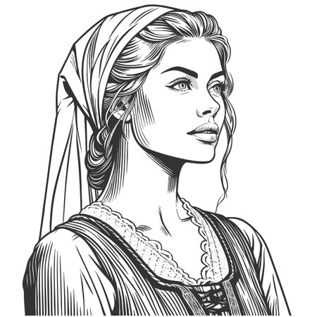 Smiling Polish woman in traditional dress, wearing a headband and brded hr sketch engraving fictional character raster illustration. Scratch board imitation. Black and white image.の写真素材