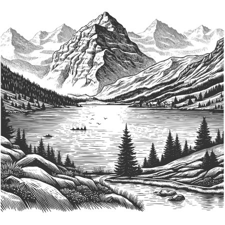 alpine lake surrounded by towering mountns, a qunt village, and a small boat on the water sketch engraving vector illustration. Scratch board imitation. Black and white image.のイラスト素材