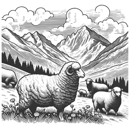 sheep grazing in an alpine meadow, with mountns, a farmhouse, and other sheep in the background, drawn in an engraved style sketch engraving raster. Scratch board. Black and white.の写真素材
