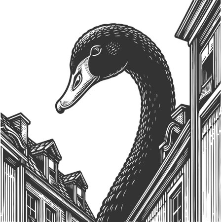 enormous black swan towering between urban buildings, symbolizing unexpected events or anomalies sketch engraving vector illustration. Scratch board imitation. Black and white image.のイラスト素材