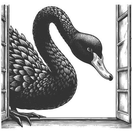 Huge black swan appearing through a window, representing rare and unforeseen disruptive events sketch engraving vector illustration. Scratch board imitation. Black and white image.のイラスト素材
