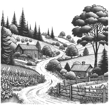 rural road through farmland with barns, trees, fences, and rolling hills sketch engraving raster illustration. Scratch board imitation. Black and white image.の写真素材