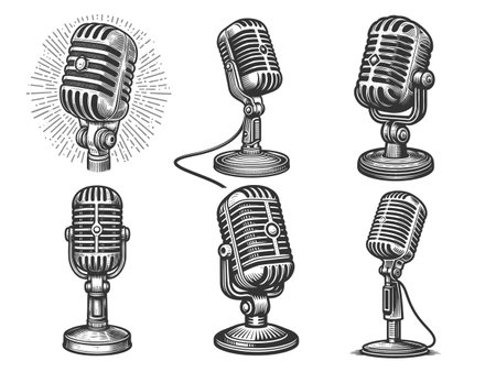 microphones for music, podcasting, broadcasting, or retro audio themes Set collection bundle sketch engraving vector illustration. Scratch board imitation. Black and white image.のイラスト素材