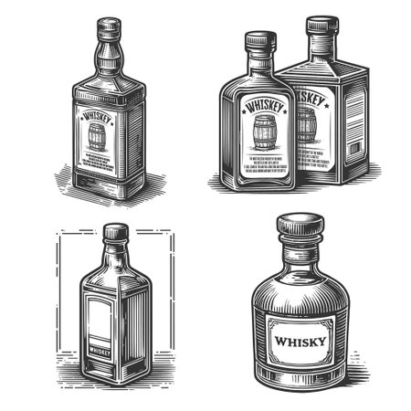 whiskey bottle set collection bundle sketch engraving vector illustration. Scratch board imitation. Black and white image.のイラスト素材