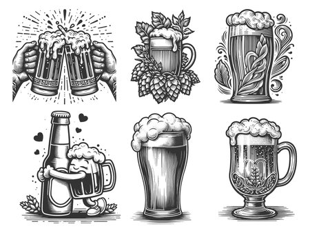 beer mugs, frothy glasses, hop leaves, and cheerful toasts, brewing or festive pub designs set collection bundle sketch engraving raster illustration. Scratch board. Black and white.の写真素材