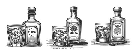 vodka bottles with glasses, ice cubes, and decorative labels in classic black and white set collection bundle sketch engraving vector illustration. Scratch board. Black and white.のイラスト素材