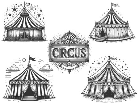 circus tents set collection bundle sketch engraving vector illustration. Scratch board imitation. Black and white image.のイラスト素材