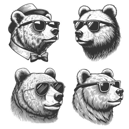 bear portrts wearing sunglasses, retro fashion elements in monochrome ink style set collection bundle sketch engraving vector illustration. Scratch board. Black and white image.のイラスト素材