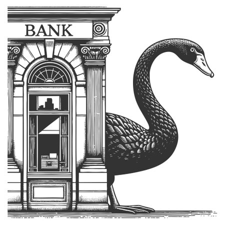 giant black swan next to a classical bank building, symbolizing rare and catastrophic financial events sketch engraving vector illustration. Scratch board imitation. Black and white.のイラスト素材