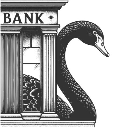 giant black swan next to a classical bank building, symbolizing rare and catastrophic financial events sketch engraving vector illustration. Scratch board imitation. Black and white.のイラスト素材