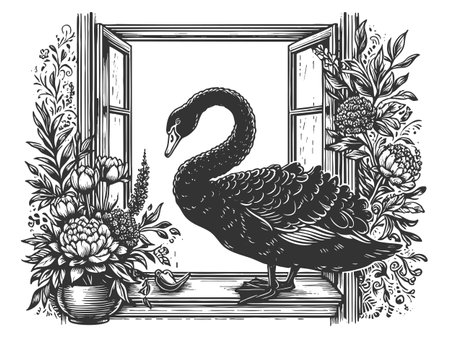 black swan emerging through an open window from a calm lake, representing unexpected and disruptive events sketch engraving vector illustration. Scratch board. Black and white image.のイラスト素材