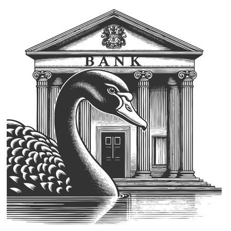 giant black swan next to a classical bank building, symbolizing rare and catastrophic financial events sketch engraving raster illustration. Scratch board imitation. Black and white.の写真素材