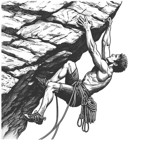 muscular man alpinist rock climbing on a steep cliff, gripping rugged rocks with determination and strength sketch engraving vector illustration. Scratch board. Black and white image.のイラスト素材