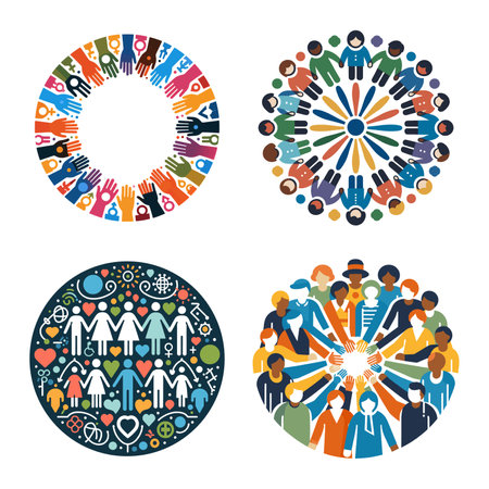 global unity, gender equality, teamwork, and cultural diversity using abstract human figures and inclusive symbolism Set collection bundle raster illustration.の写真素材