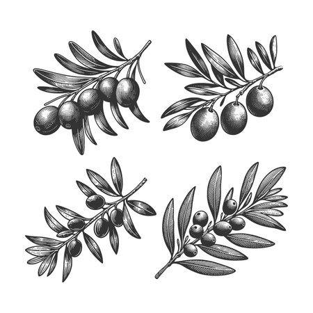 olive branches with leaves and fruits, ideal for organic food, Mediterranean themes, and botanical designs Set collection bundle sketch engraving raster illustration. Black and white.の写真素材