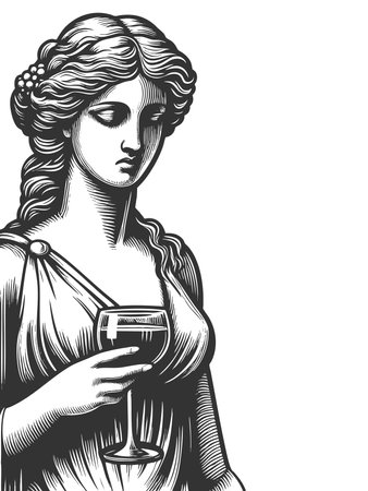 classical statue of woman wine glass, ancient elegance with modern appreciation sketch engraving fictional character raster illustration. Scratch board imitation. Black and white image.の写真素材