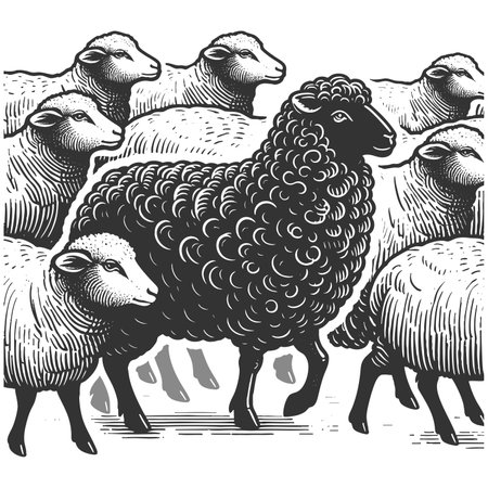 single black sheep among white sheep, symbolizing the black sheep metaphor for exclusion and individuality sketch engraving raster illustration. Scratch board. Black and white image.の写真素材