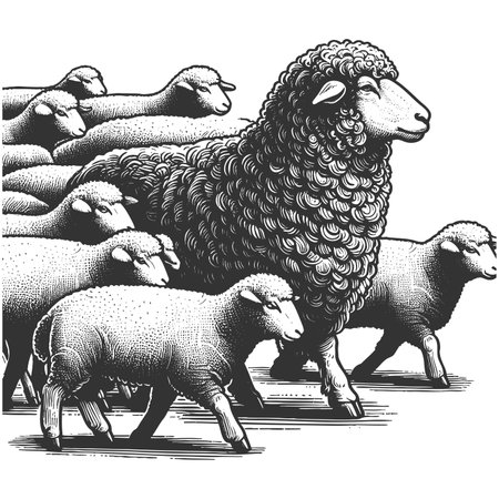 single black sheep among white sheep, symbolizing the black sheep metaphor for exclusion and individuality sketch engraving raster illustration. Scratch board. Black and white image.の写真素材