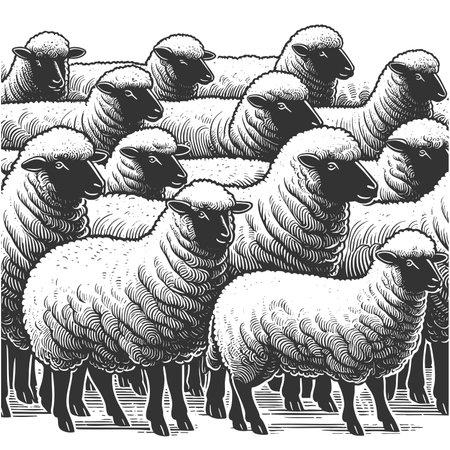 sheep in a herd, symbolizing conformity, groupthink, and lack of individuality sketch engraving fictional character raster illustration. Scratch board imitation. Black and white image.の写真素材