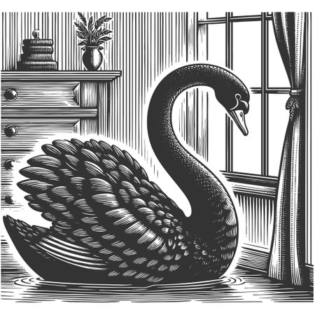 black swan inside a room beside a rn-streaked window, representing rare, unexpected events sketch engraving vector illustration. Scratch board imitation. Black and white image.のイラスト素材