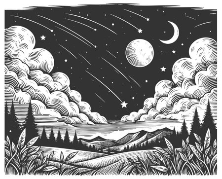 mountn range beneath a starry night sky with a crescent moon and shooting stars. Dreamlike and serene scene sketch engraving vector illustration. Scratch board. Black and white image.のイラスト素材