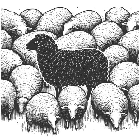 single black sheep among white sheep, symbolizing the black sheep metaphor for exclusion and individuality sketch engraving vector illustration. Scratch board. Black and white image.のイラスト素材