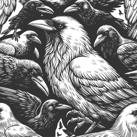 rare white crow surrounded by black crows, symbolizing uniqueness, nonconformity, and standing out from the crowd sketch engraving vector illustration. Scratch board. Black and white.のイラスト素材