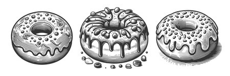 donuts with dripping icing and sprinkles set collection bundle sketch engraving raster illustration....