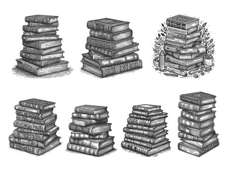 stacked vintage books Set collection bundle sketch engraving vector illustration. Scratch board imitation. Black and white image.のイラスト素材