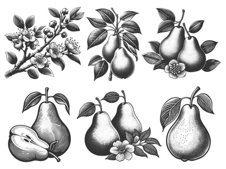 pear, blossoms, and branches Set collection bundle sketch engraving vector illustration. Scratch board imitation. Black and white image.のイラスト素材