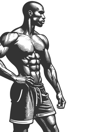 muscular bodybuilder striking a powerful pose, symbolizing strength, fitness, bodybuilding, and athleticism sketch engraving raster illustration. Scratch board. Black and white image.の写真素材