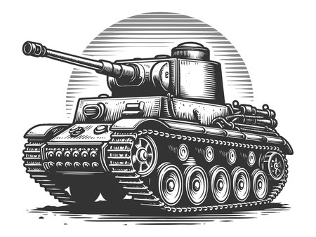 armored tank with large treads and cannon sketch engraving raster illustration. Scratch board imitation. Black and white image.の写真素材