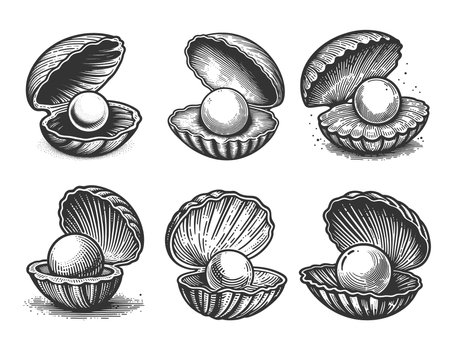 pearls nestled inside open seashells, ideal for jewelry, oceanic, and luxury-themed designs Set collection bundle sketch engraving raster illustration. Scratch board. Black and white.の写真素材