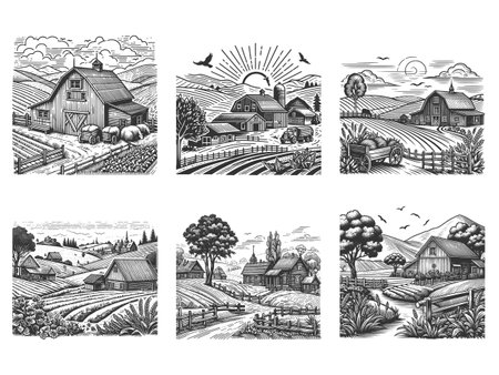 barns, rolling fields, farmhouses, rural landscapes, ideal for rustic and agricultural themes Set collection bundle sketch engraving vector illustration. Scratch board. Black and white.のイラスト素材