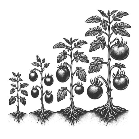 tomato plants showing stages of growth from seedling to fruit-bearing maturity sketch engraving vector illustration. Scratch board imitation. Black and white image.のイラスト素材