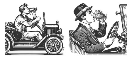 men driving vintage cars while drinking, highlighting unsafe or humorous behavior. Set collection bundle sketch engraving raster illustration. Scratch board. Black and white image.の写真素材