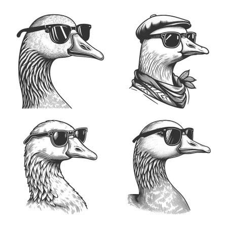 goose wearing sunglasses Set collection bundle sketch engraving vector illustration. Scratch board imitation. Black and white image.のイラスト素材