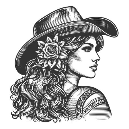 beautiful cowgirl with flowing hair, wearing a cowboy hat, scarf, and western attire sketch engraving generative ai fictional character vector illustration. Scratch board. Black and white image.の素材