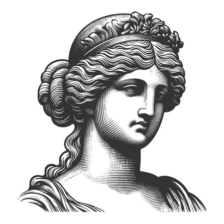 Ancient Greek or Roman female marble statue sketch engraving fictional character raster illustration. Scratch board imitation. Black and white image.の写真素材
