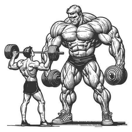 tiny man lifting weights next to an exaggeratedly massive bodybuilder holding dumbbells sketch engraving vector illustration. Scratch board imitation. Black and white image.のイラスト素材