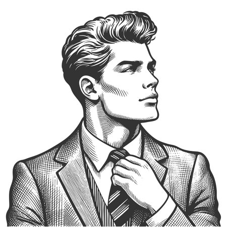 confident young businessman in a suit, featuring stylish hr and a serious expression sketch engraving fictional character raster illustration. Scratch board. Black and white image.の写真素材