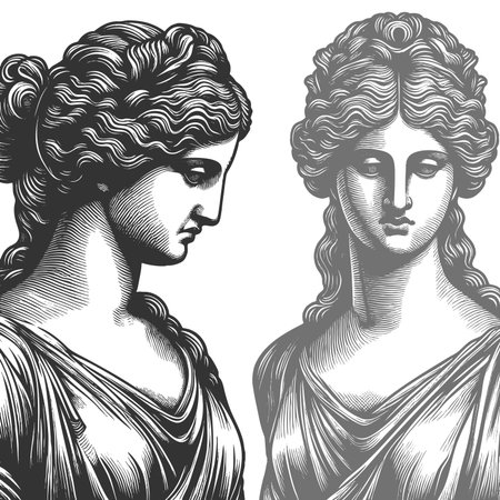 Ancient Greek or Roman female marble statue sketch engraving fictional character raster illustration. Scratch board imitation. Black and white image.の写真素材