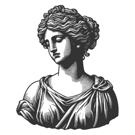Ancient Greek or Roman female marble statue sketch engraving fictional character raster illustration. Scratch board imitation. Black and white image.の写真素材