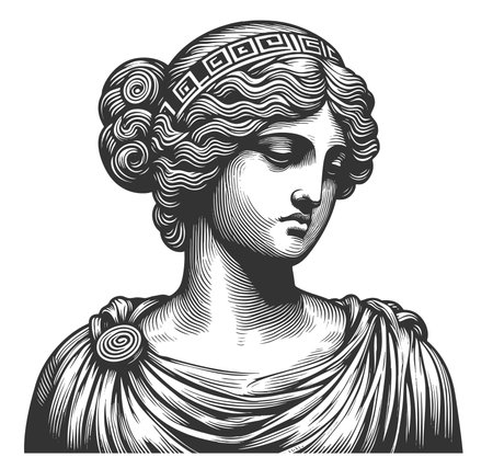 Ancient Greek or Roman female marble statue sketch engraving fictional character raster illustration. Scratch board imitation. Black and white image.の写真素材