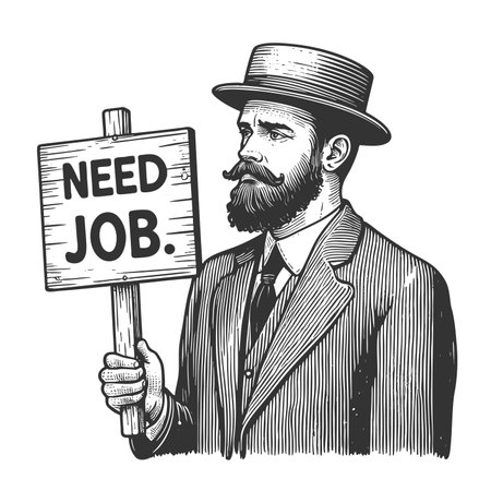 serious man in a suit holding a wooden sign reading I NEED A JOB, symbolizing unemployment and...